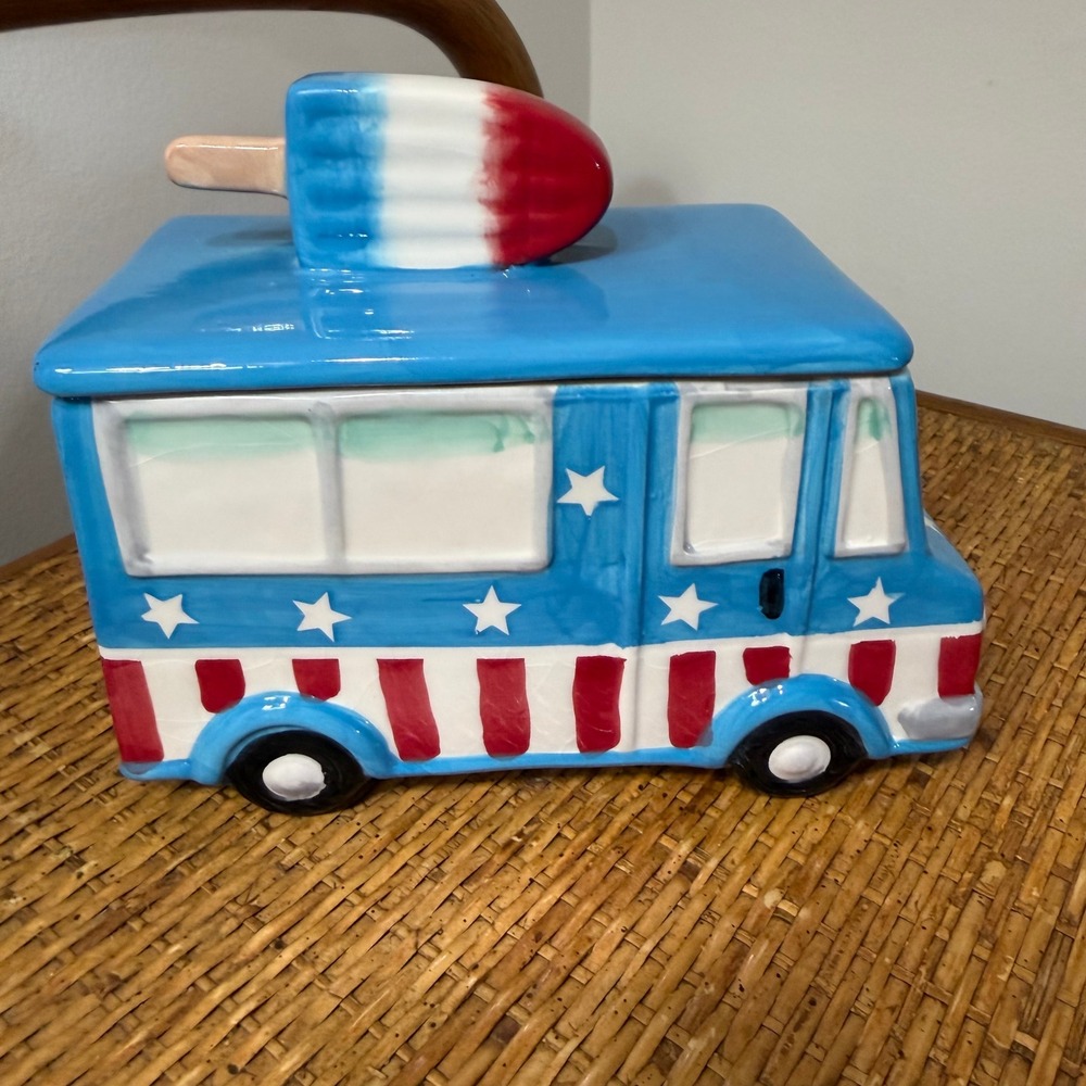 Pier 1 Patriotic Ice Cream Truck Cookie Jar Popsicle Lid Earthenware 4th July